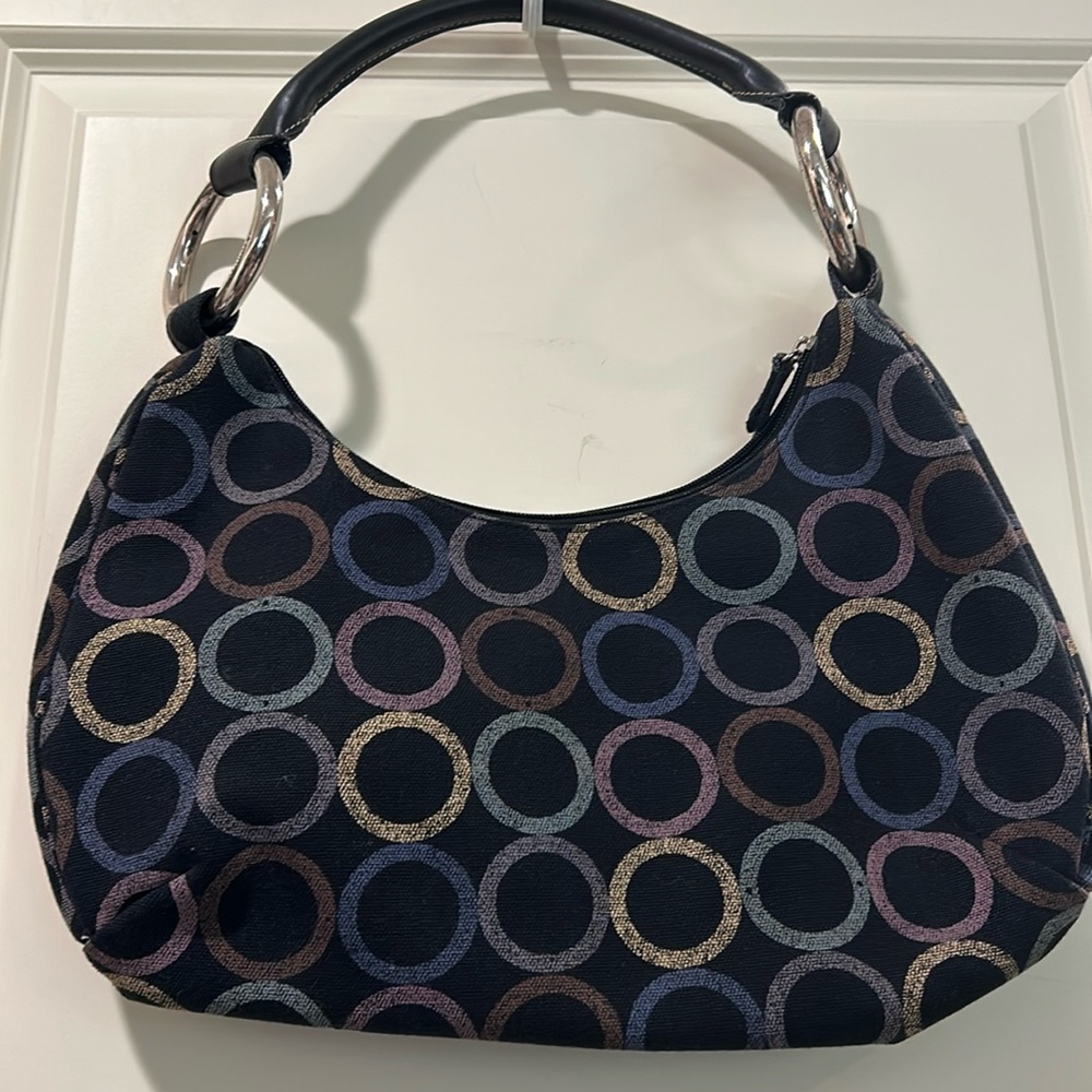 Sequoia zip Shoulder Bag circular canvas pattern leather strap inner zip clean